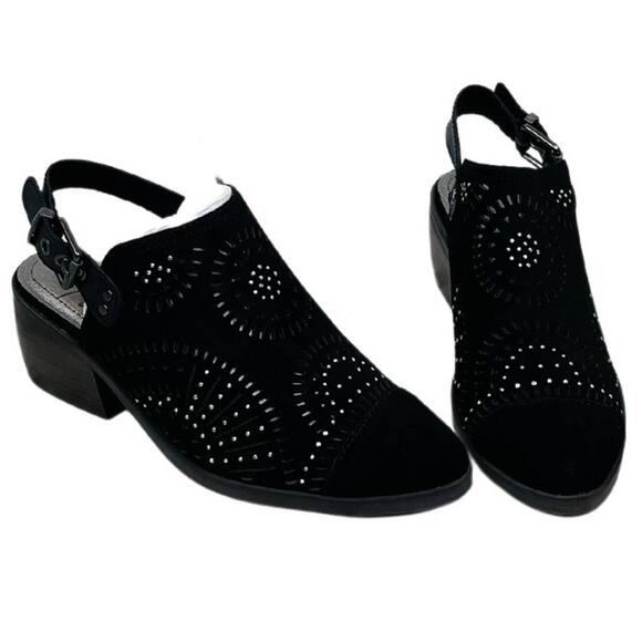 Latigo Muren Black Suede Leather Laser Cutout Slingback Block Heel Size 7.5 New - Picture 4 of 7